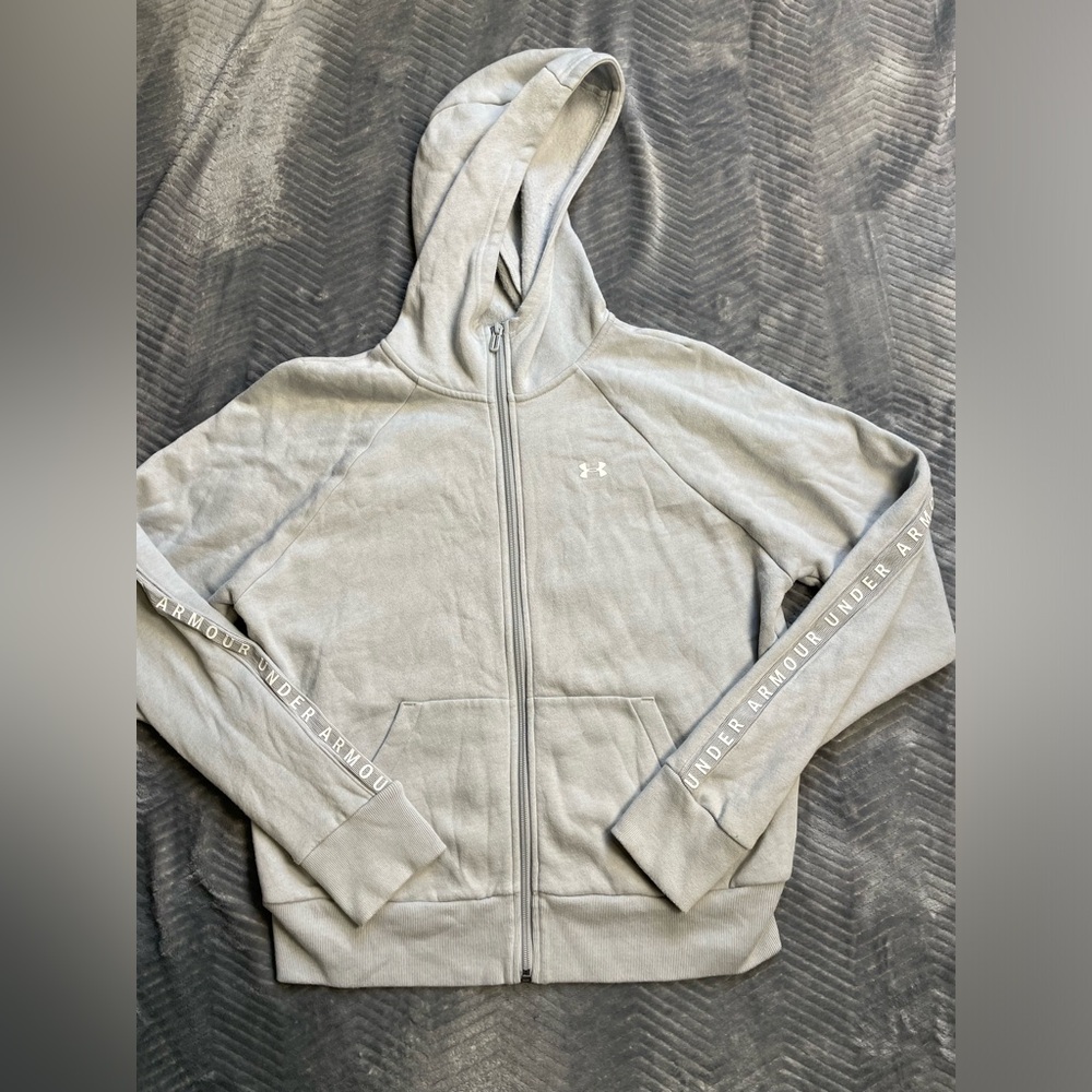 Women’s Under Armour Taped Fleece Full Zip Warmup Hoodie Light Gray Medium‎
